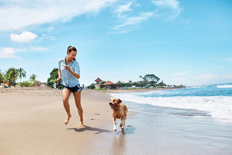 Une femme et un chien courent ensemble sur la plage